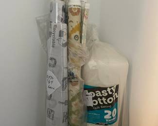 (9) hard pieces of fabric, (13) fleece/shiny (1) quilt batting, (4) rolls of fabric