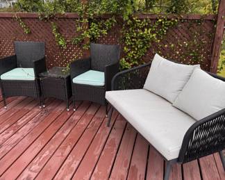 Patio set with rocking chair, two chairs, bench, table. LOT 20