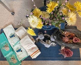 (1) CHEFS Denim jean table runner, (1) jean denim duffle bag, (8) garden, and hello spring hand towels,  and yellow floral bouquet and owls