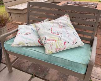 Wooden loveseat with cushions. LOT 39