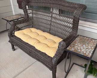 High back wicker bench with yellow cushion, 2 side tables. LOT 3