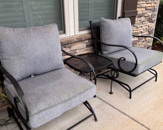 Pair of outdoor patio chairs with cushions plus table, LOT 2
