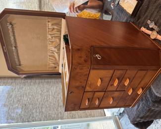 Jewelry cabinet, Italian custom piece with leather handles. Retails over $6,000