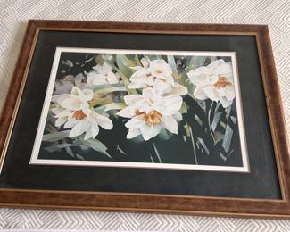 Framed watercolor of white flowers