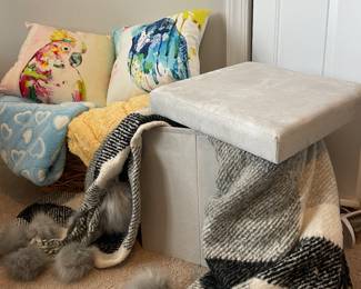 (2) Toucan pillows, (1) grey storage box, (1) King yellow blanket, (1) blue heart throw, (2) grey & white throw w/ fur balls on each side of the throws 