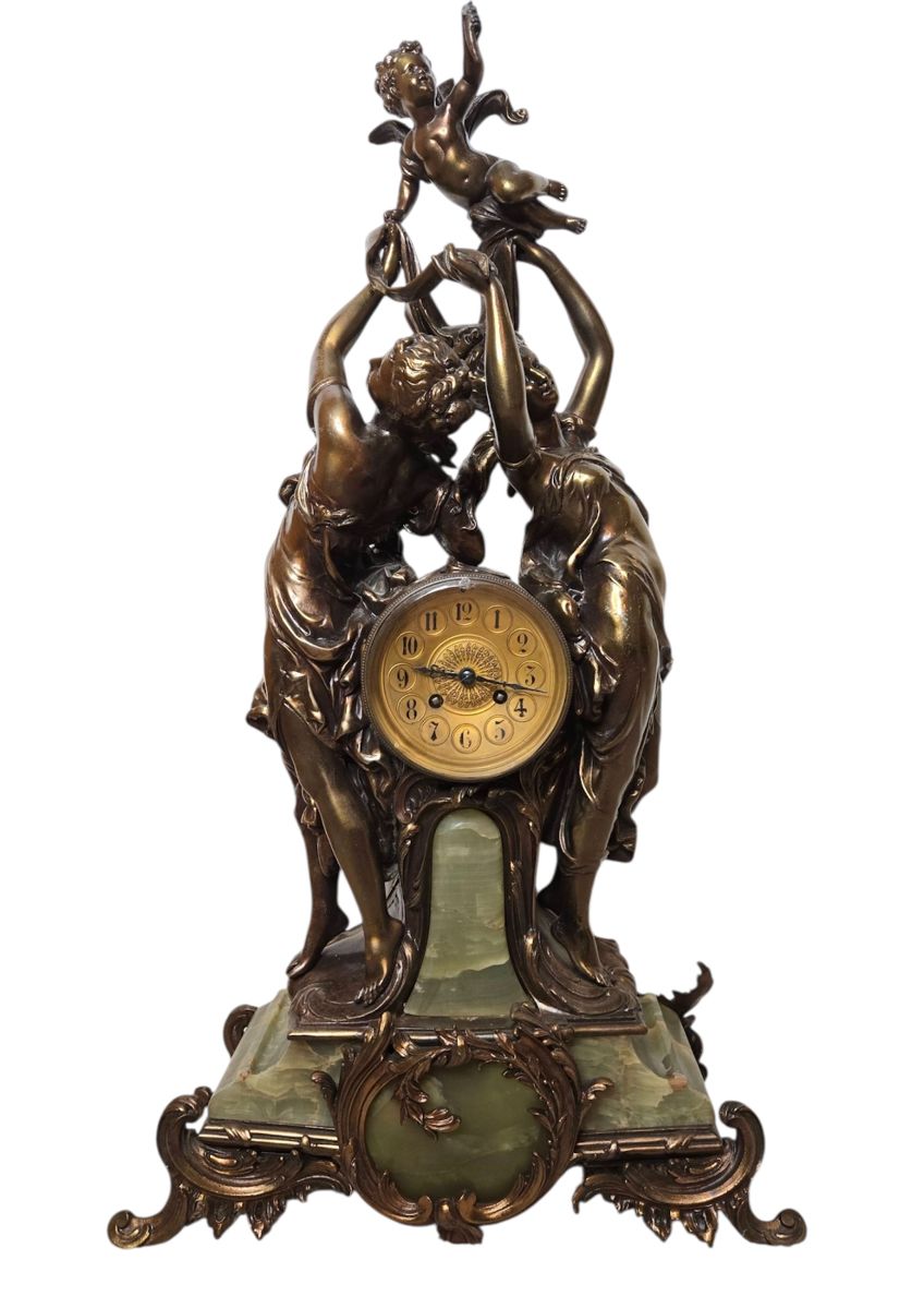 Art Nouveau Period Mounted Bronze & Green Onyx Figurine Clock