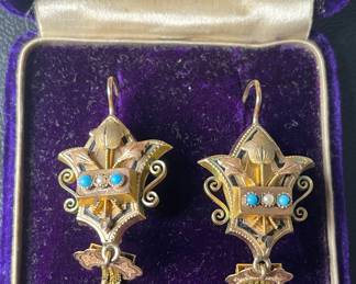 14k gold Victorian pearl turquoise earrings