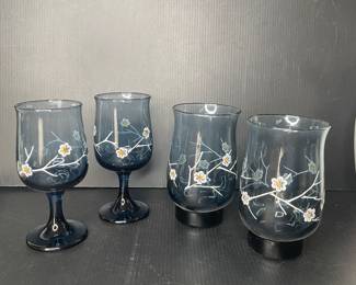 Vtg Libbey smoky blue dogwood floral glassware vtg