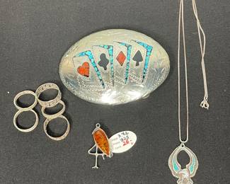 Sterling silver jewelry & belt buckle vtg