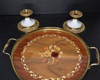 Wood inlay tray & vintage candlesticks