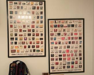 Vintage framed matchbooks- cue's collection of 100 west & east side restaurants midtown