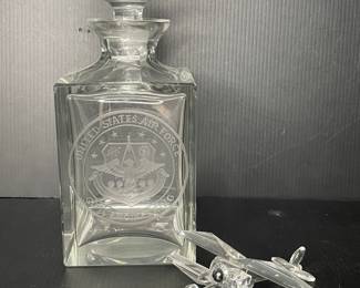 US Air Force glass decanter & crystal airplane vtg