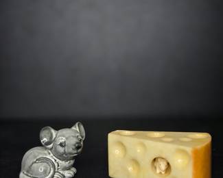 Vtg alabaster stone cheese mouse wedge & porcelain figurine