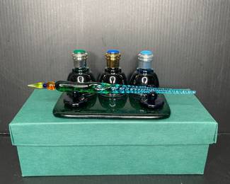 Italian Murano glass glass dip pen and inkwell set