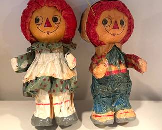 Vintage Raggedy Anne & Andy paper mache ornaments, Bobbs Merrill Co