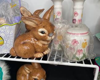 Ceramic bunny set and candle holders vtg