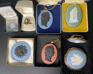 Wedgwood Jasperware jewelry: Medusa pendant, lipstick holder, rings, compact