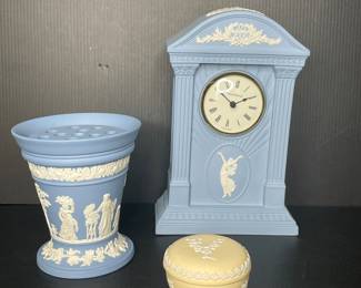 Wedgwood Blue Jasperware Millennium Mantle Clock,  vase w frog, Primrose Jasperware trinket box
