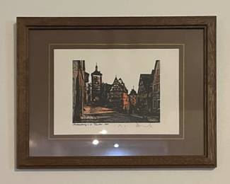 Vtg hand-colored etching street scene in Rothenburg ob der Tauber, Bavaria, German