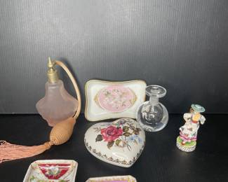 Vintage perfume, trinket, vase, figurines
