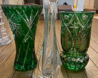 Green cut & clear glass bud vases