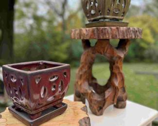 Wooden Plant Stands and Assorted Pots