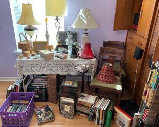 Vintage books and lamps, magazines, and encyclopedias