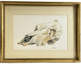 Signed Munday Watercolor on Paper Cow Skull