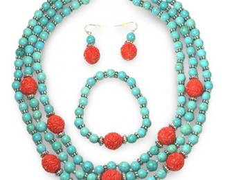 Terrific 3 Strand Faux Turquoise Jewelry Set