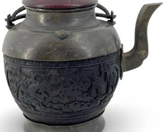 Old Chinese Carved Wood And Metal Teapot
