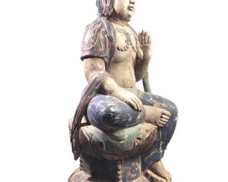 Large Antique Polychrome Quan Yin Wood Sculpture