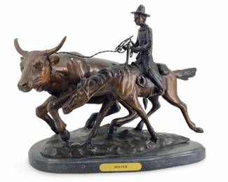 Signed CM Russel Bronze âBolter" Bull Sculpture