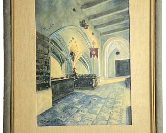 Signed Watercolor on Paper Cloiater To Cathedral