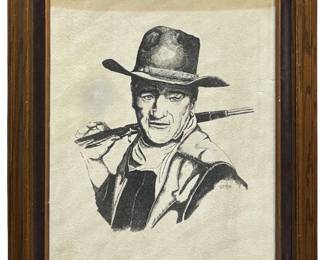 Signed John Wayne Portrait Painting on Leather
