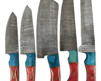 5pc Red and Blue Genuine Damascus Knives