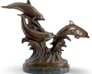 Large Signed Williams Bronze Dolphin Pod Sculpture