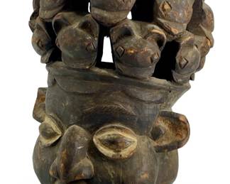 Hand Carved African Bamun Helmet Mask