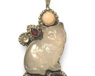 Hand Carved Rose Quartz Gemstone Cat Pendant