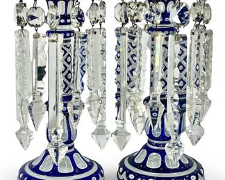 2pc Cobalt Blue Crystal Cut Candleholders