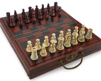 Chinese Leather and Wood Folding Chess Set