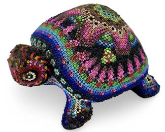 Beaded Wooden Turtle Sculpture