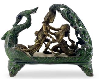 Brass Radha & Krishna on a Swan Throne