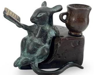 Bronze Reading Mouse Sitting on Cheese Chair