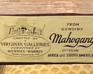 Label on Henkel- Harris furniture