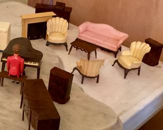 Doll house furniture and dolls, also have metal doll house