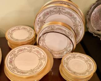 Lenox China, Castle garden, have two platters, serving bowl, sugar and creamer with lid, 12 dinner plates, 12 salad plates, 12 bread and butter plates, 10 cups and saucers