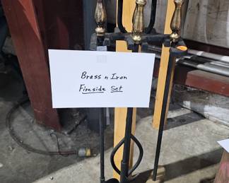 BRASS AND IRON FIREPLACE SET