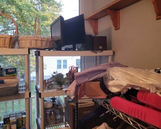 Flat screen TV, monitor, baskets