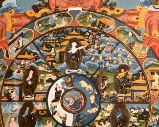 Wheel of life, Tibetan, painting on canvas referred to his Thangka . This beautiful, scroll depicts the wheel of life or the wheel of existence with Yama, spinning the wheel holding the fate of the faithful. These are the different realms being depicted. These are hand painted on canvas. This particular piece was done in the 1960s.
