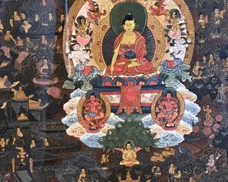 Buddha life, framed and matted hand painted on canvas...  old Tibetan Thangka 